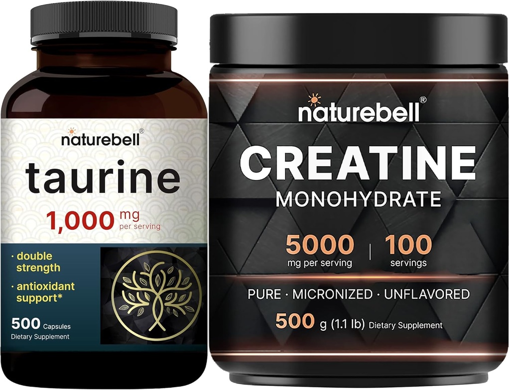 NatureBell Creatine Monohydrate Powder & Taurine Capsules 1,000mg Per Serving Bundle Pack | High Absorption Micronized Creatine | Essential Amino Acids Supplement 2