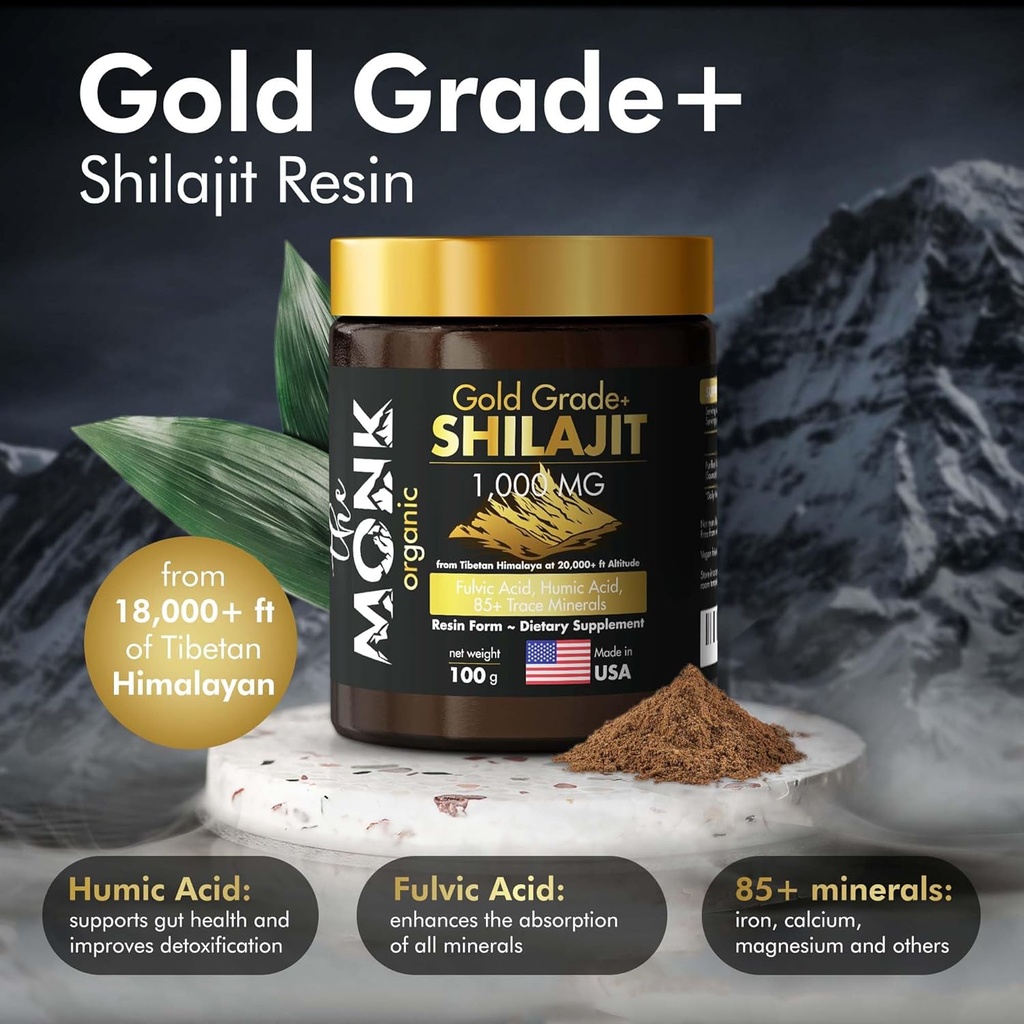 Organic Himalayan Shilajit Resin with Fulvic Acid, Humic Acid, 85+ Minerals- Gold Grade Plus - 100g, 1000 mg Per Serving - Energy, Stamina, Brain Support - Made in The USA 3