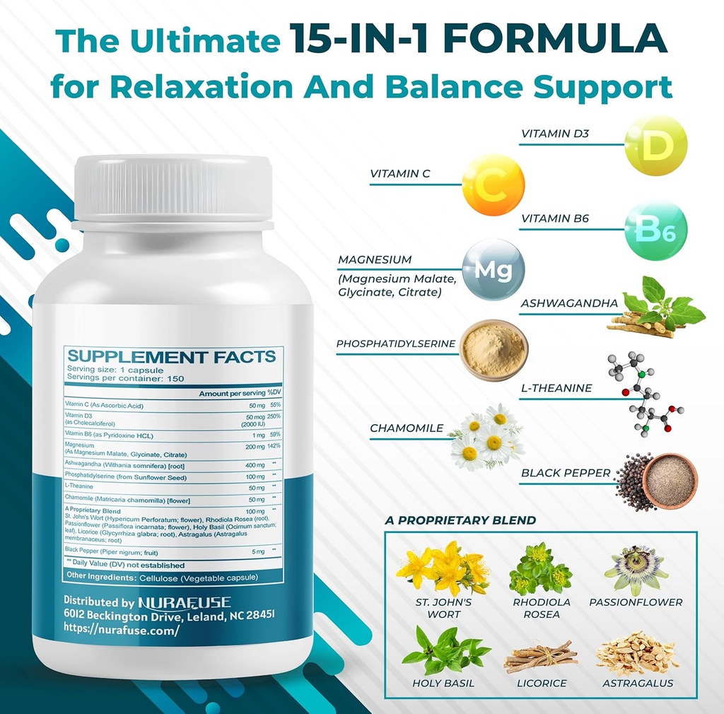 CORTISOL Health Ashwagandha 15-in-1 Supplement with Magnesium Phosphatidylserine L-Theanine Chamomile Rhodiola Rosea Licorice Holy Basil - Made in The USA 5