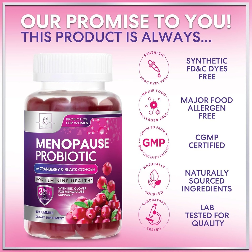 Menopause Supplements for Women Gummies - with Black Cohosh, Cranberry 3 Billion CFU Probiotics - Complete Menopause Relief Balance for Hot Flashes, Night Sweats, Vaginal Health Support - 60 Gummies 5