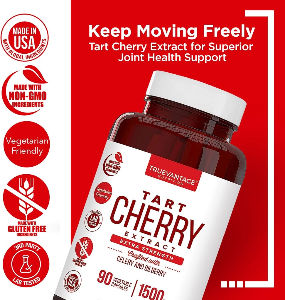 Tart Cherry Extract Capsules with Celery Seed Extract and Bilberry for Joint Support, Muscle Recovery, and Uric Acid Flush Support, Made in The USA - 90 Tart Cherry Capsules 3