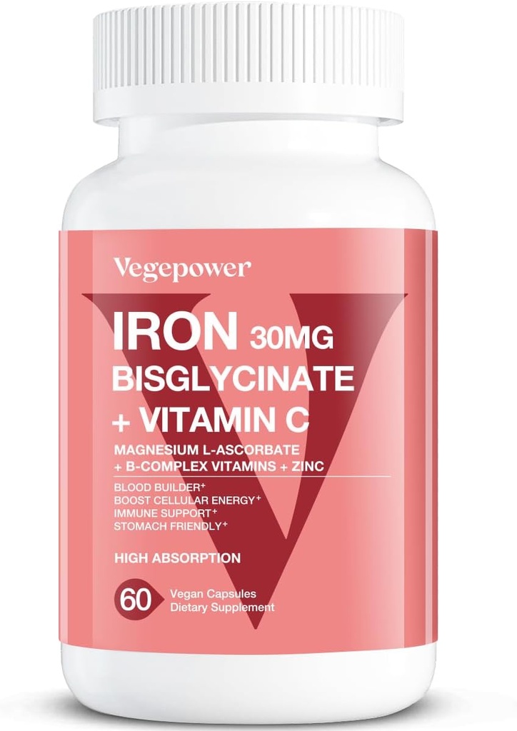 Iron Bisglycinate, 30mg Vegan Iron Supplement for Women & Men, Chelated with Vitamin C, B12, Folic Acid - Iron Pills for Anemia, High Absorption, Gluten-Free, Non-GMO - 60 Capsules 2