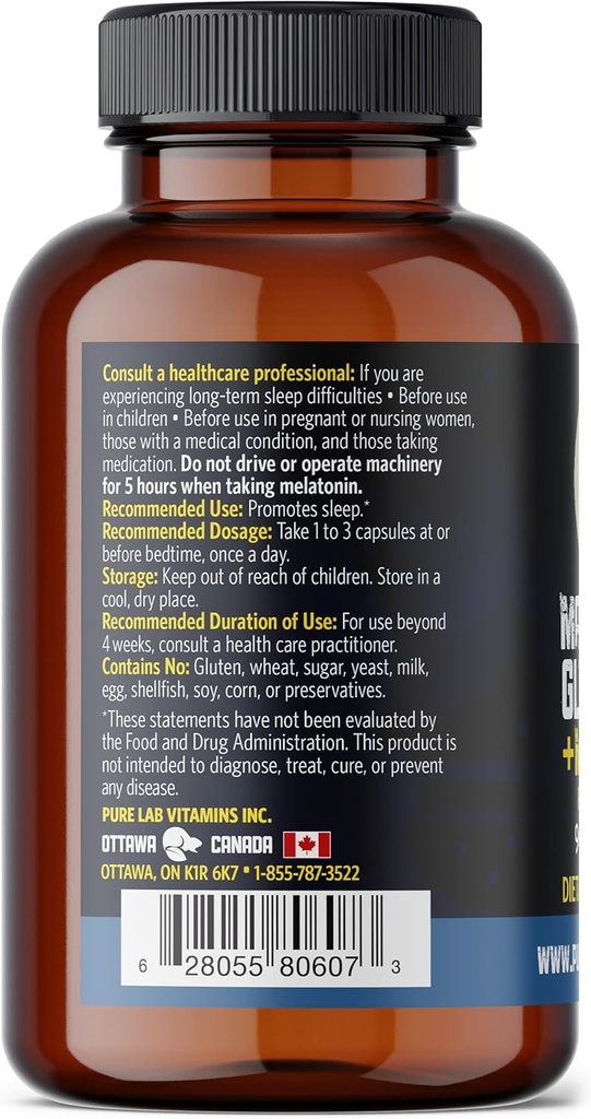 Magnesium Glycinate with Melatonin 3 mg - 90 Vegan Caps by Pure Lab Vitamins - Helps with Jet Lag and Sleep Cycles 🍁 Made in Canada 3