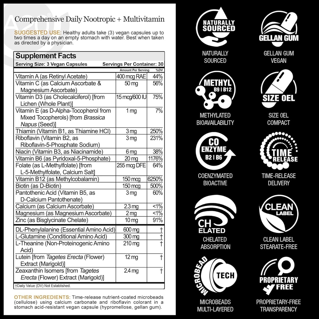HCF A20 Microbead Brain Health Supplements for Adults for Memory, Focus, Calm, Mood, Alertness, Attention, Vision, Sleep, Immune System, 20 Premium Nootropic Nutrients Multivitamin & 7 Advances® Tech 3