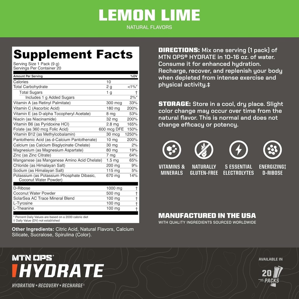 MTN OPS Hydrate Electrolytes Powder Drink Mix, 20 Single Serving On-The-Go Electrolyte Packs with Over 1000mg of Electrolytes per Serving, Lemon Lime 3