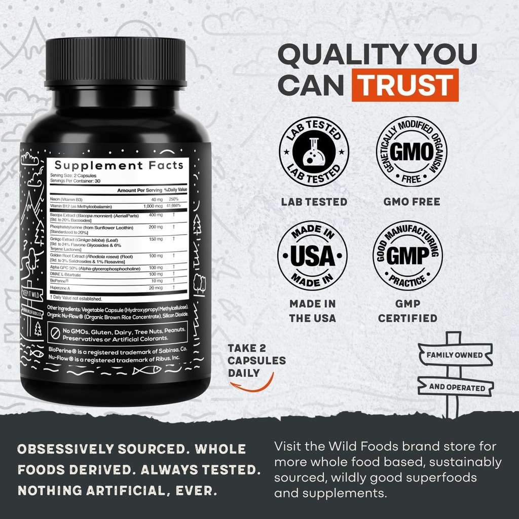 Wild Focus Brain Supplements | Caffeine-Free, Plant-Based Botanicals | Lions Mane, Ginkgo Biloba, Bacopa Monnieri, Lemon Balm | 100% Natural Nootropic | 60 caps 3