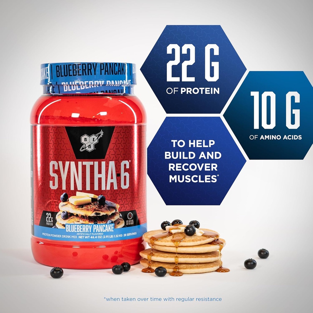 BSN SYNTHA-6 Premium Protein Powder with 6g of Fiber, Whey Protein, Micellar Casein, Milk Protein Isolate Blend, 5g Fat, Blueberry Pancake, 28 Servings (Packaging May Vary) 4