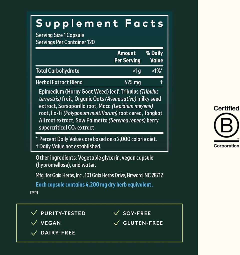 Gaia Herbs Male Libido - Herbal Supplement with Saw Palmetto, Horny Goat Weed, Maca & Oats - Supports Stamina, Vitality & Hormone Balance for Men - 120 Vegan Liquid Phyto-Capsules (30-Day Supply) 4