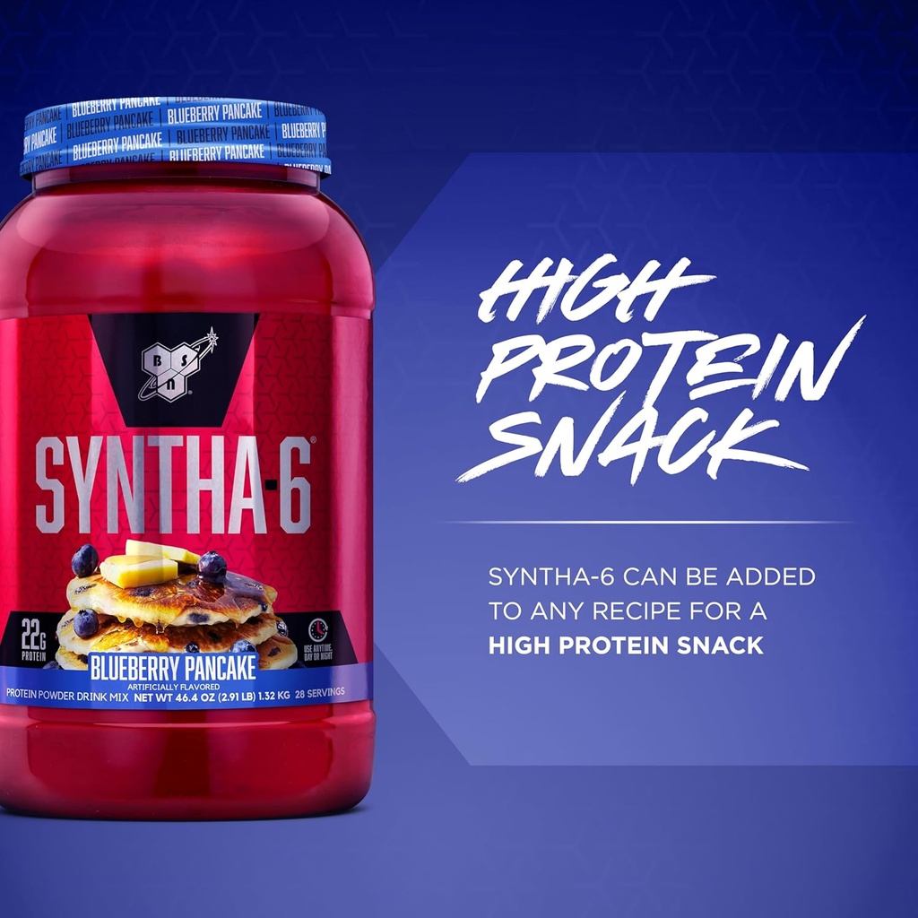 BSN SYNTHA-6 Premium Protein Powder with 6g of Fiber, Whey Protein, Micellar Casein, Milk Protein Isolate Blend, 5g Fat, Blueberry Pancake, 28 Servings (Packaging May Vary) 5