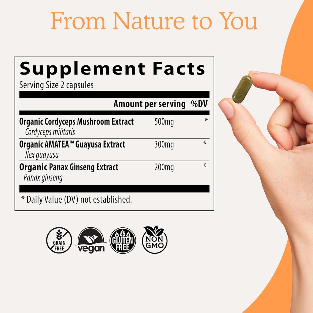 Real Mushrooms RealBoost Capsules – Cordyceps Mushroom, Panax Ginseng & Guayusa Extract – for Overall Wellness & Energy Support – Vegan, Non-GMO, No Fillers – 60 Count Mushroom Supplement Blend 5