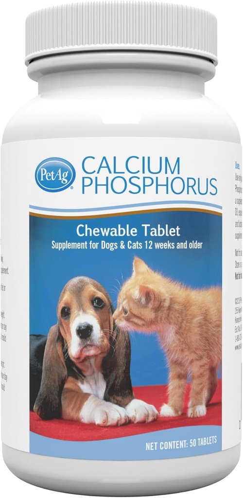 PetAg Calcium Phosphorus Tablets - 50 Tablets - Daily-Use, Chewable Supplement for Dogs & Cats 12 Weeks and Older - Fortified with Vitamin D 2