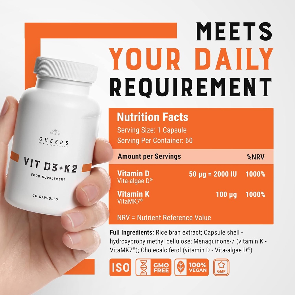 CHEERS Vitamin D3 K2 Supplement | 2000 IU Algae-D3 + 133% Daily Intake K2 MK-7 | Science-Backed Vita-Algae D® & VitaMK7® | Vegan, Non-GMO | No Fillers, Additives or Preservatives | 60 Capsules 4
