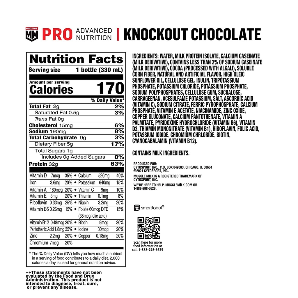 Muscle Milk Pro Advanced Nutrition Protein Shake, Knockout Chocolate, 11.16 Fl Oz (Pack of 12), 32g Protein, 1g Sugar, 16 Vitamins & Minerals, 5g Fiber, Workout Recovery, Energizing Snack, Packaging May Vary 3