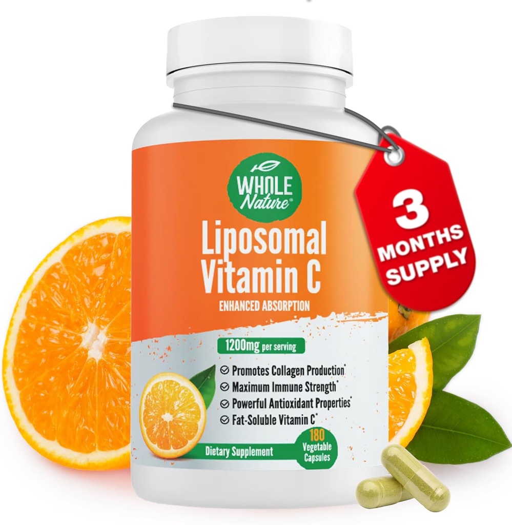 Liposomal Vitamin C Supplement Pills 1200 mg - High Absorption 180 Vegan Capsules Fat Soluble VIT C, Maximum Strength Immune System and Collagen Booster, Sunflower Lecithin 2