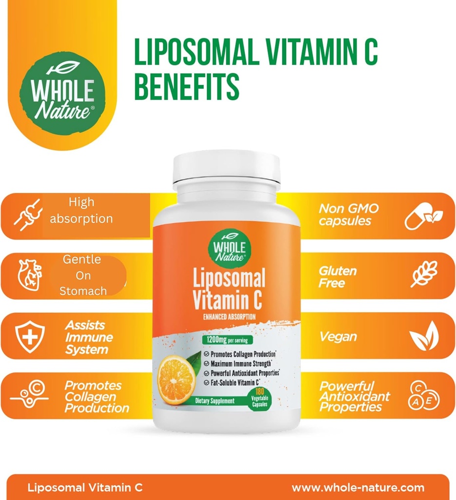 Liposomal Vitamin C Supplement Pills 1200 mg - High Absorption 180 Vegan Capsules Fat Soluble VIT C, Maximum Strength Immune System and Collagen Booster, Sunflower Lecithin 4