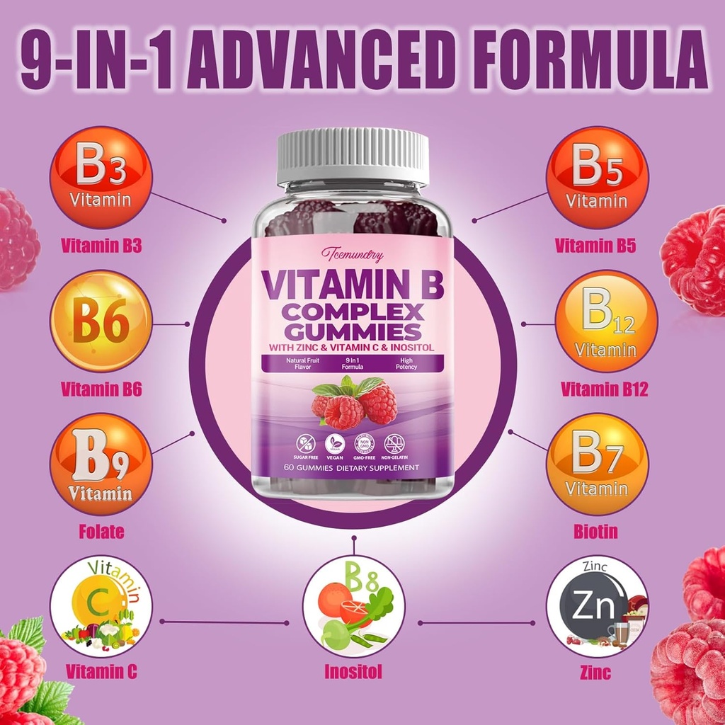 Sugar-Free Vitamin B Complex Gummies for Women - Vegan b Vitamins Complex with Methyl B12, Methyl Folate - Plus Vitamin C, Zinc, Inositol - Supports Energy, Immune, Healthy Hair, Skin (120 Count) 4