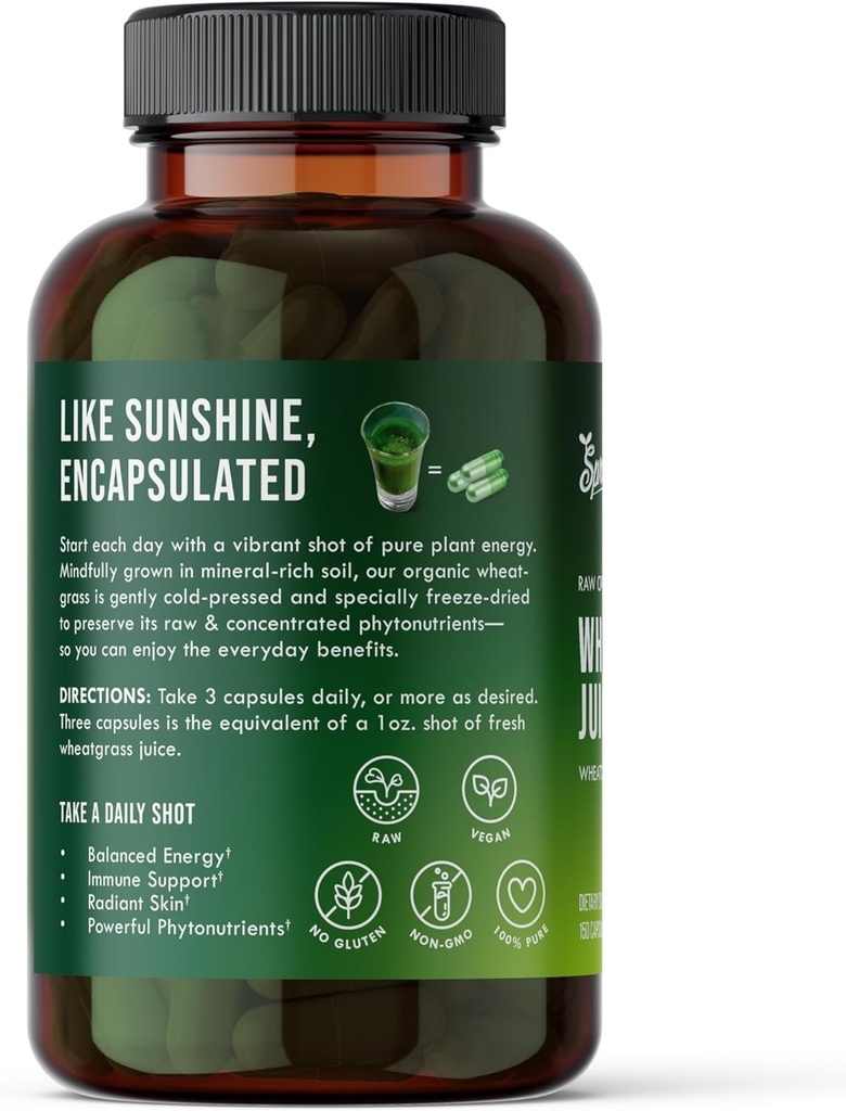 Organic Wheatgrass Juice Powder Capsules by Sproutman - 100% Pure Wheatgrass - Aids Digestion - High in Vitamins, Antioxidants, Chlorophyll, Enzymes, Minerals & Energy (150 Pills) 3