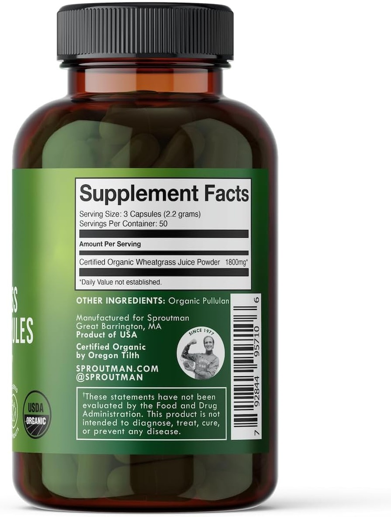 Organic Wheatgrass Juice Powder Capsules by Sproutman - 100% Pure Wheatgrass - Aids Digestion - High in Vitamins, Antioxidants, Chlorophyll, Enzymes, Minerals & Energy (150 Pills) 4