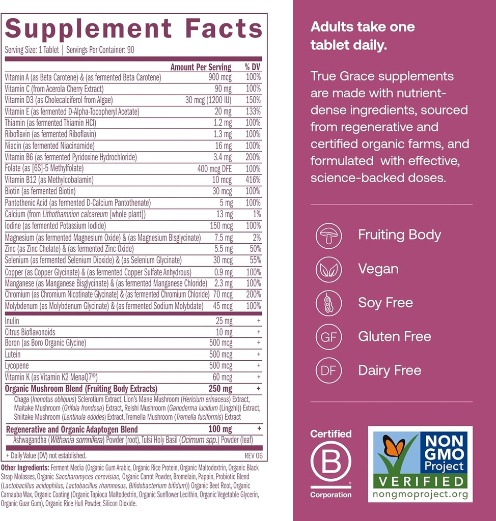 True Grace One Daily Women’s Multivitamin 40+ Fermented Minerals, Organic Adaptogens & Mushrooms Energy, Immune, Bone Support - Non-GMO - Iron, Gluten & Soy Free - 90 Vegan Tablets 3