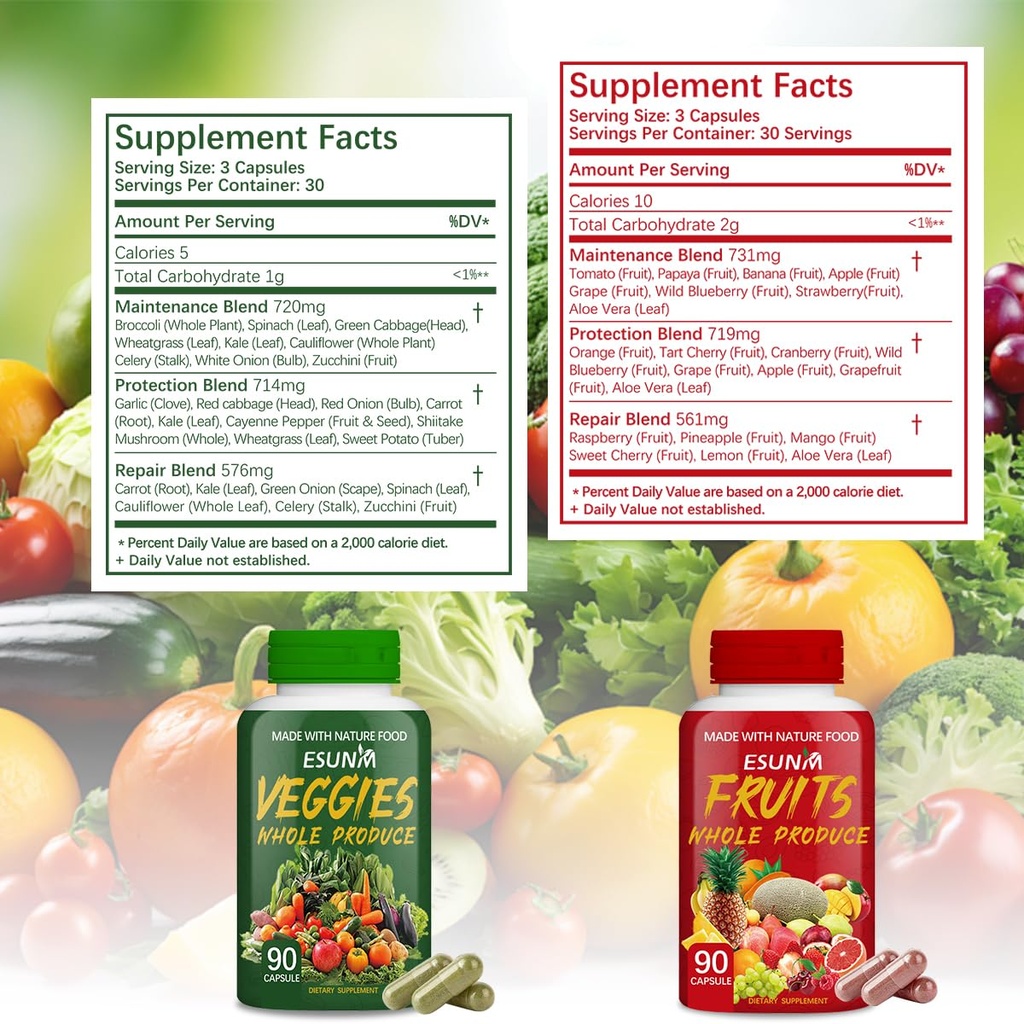 Fruits and Veggies Supplement - 90 Fruit and 90 Veggie Capsules - Supports Energy Levels, High Lycopene, Vitamins & Minerals - 90 Count (Pack of 2) 6