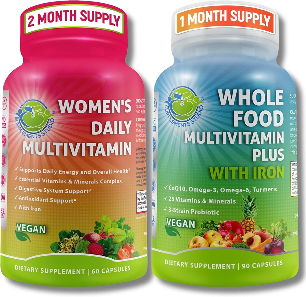 Vegan Whole Food Multivitamin with Iron & Women’s Daily Multivitamin with Iron, Organic Superfoods, Probiotics & Digestive Enzymes Bundle – Vegan, Non-GMO, Clean Daily Wellness Support 2