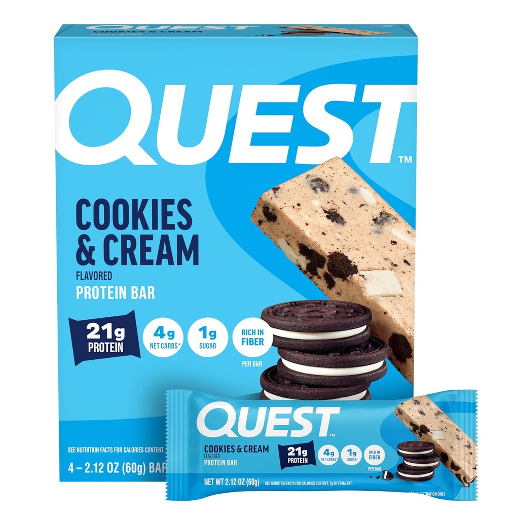 Quest Nutrition Cookies & Cream Protein Bars, 21g Protein, 4g Net Carbs, 1g Sugar, Gluten Free, Keto Friendly, 4 Count 2
