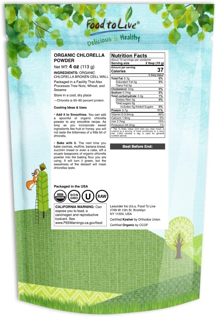 Food to Live Organic Chlorella Powder, 4 Ounces — Non-GMO, Kosher, Raw Green Algae, Vegan Superfood, Bulk, Pure Vegan Green Protein, Rich in Vitamins and Minerals, Great for Drinks, Broken Cell Wall 3