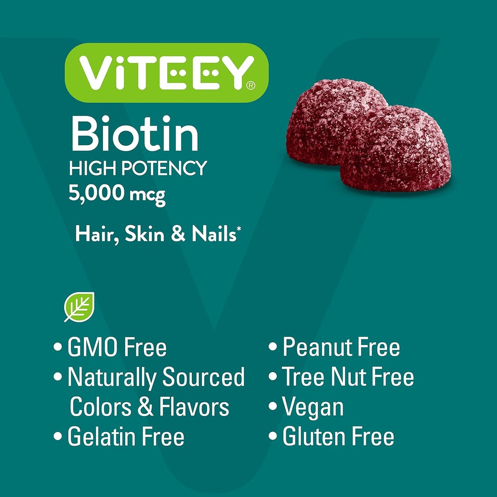 Viteey Biotin Gummies for Hair Skin and Nails - Biotin for Hair Growth Gummies - 5000 mcg - Vegan, Gluten-Free, Non-GMO – 60 Count 6