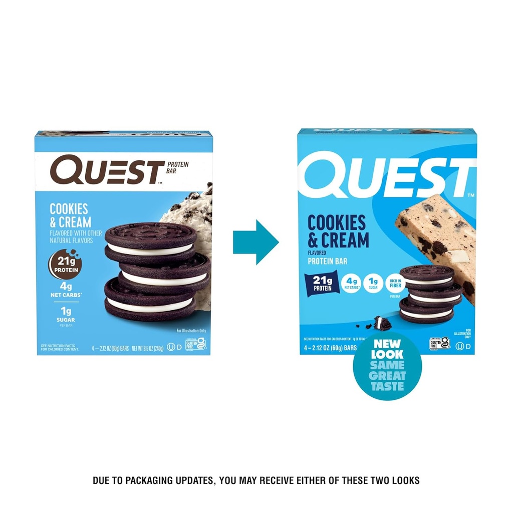 Quest Nutrition Cookies & Cream Protein Bars, 21g Protein, 4g Net Carbs, 1g Sugar, Gluten Free, Keto Friendly, 4 Count 4