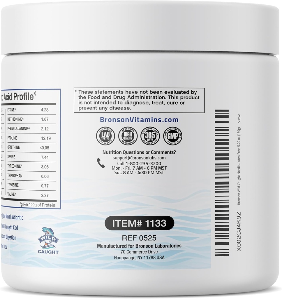 Bronson Marine Collagen Peptides Hydrolyzed Protein Powder 100% Wild Caught Nordic Cod Verified Sustainable Source for Joints Skin Hair Nails & Bones 150g (5.29oz) 6