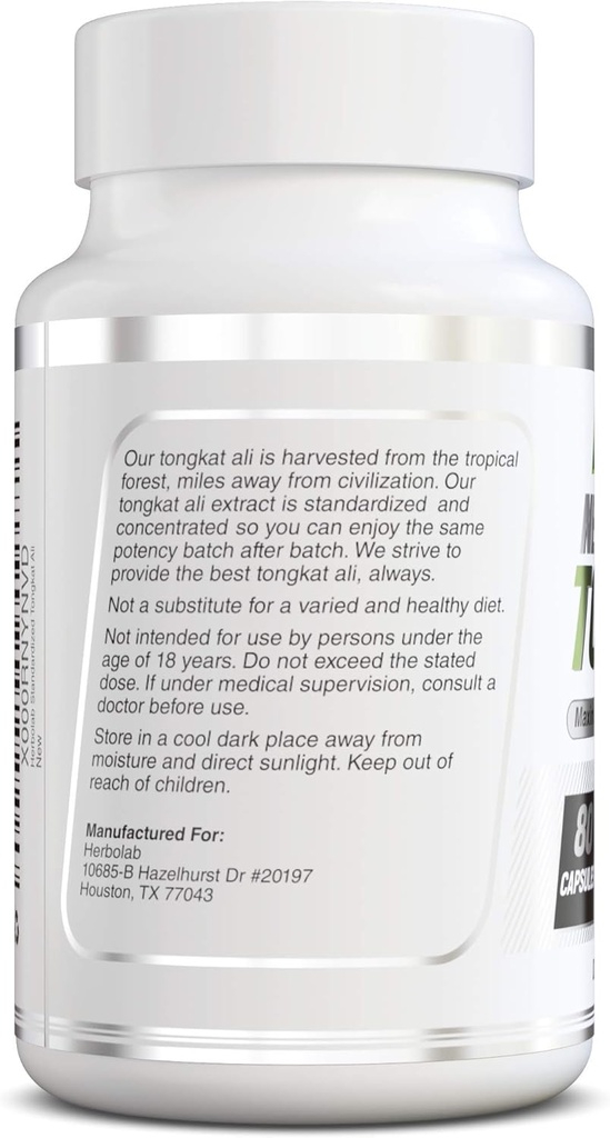Herbolab Tongkat Ali For Men Root Supplement 200:1, Standardized to 2% Eurycomanone, 1200mg, 30 Day Supply, Longjack Tongkat Ali for Men, Eurycoma Longifolia Extract Powder Capsules, Malaysian Ginseng 4