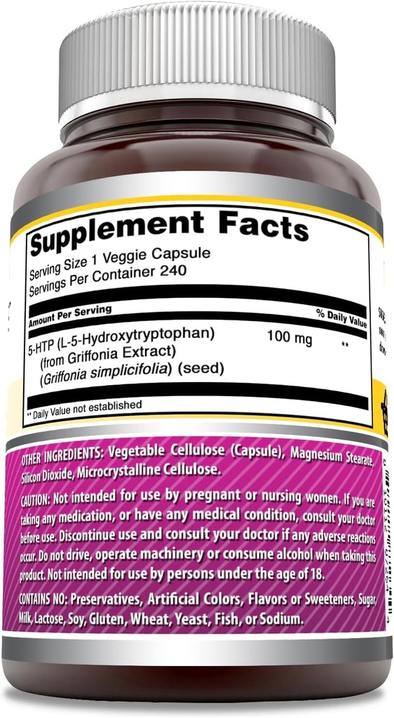 Amazing Formulas 5-HTP (Hydroxytryptophan) Supplement | 100 Mg Per Serving | Veggie Capsules | Non-GMO | Gluten Free | Made in USA (1 Pack, 240 Count) 3