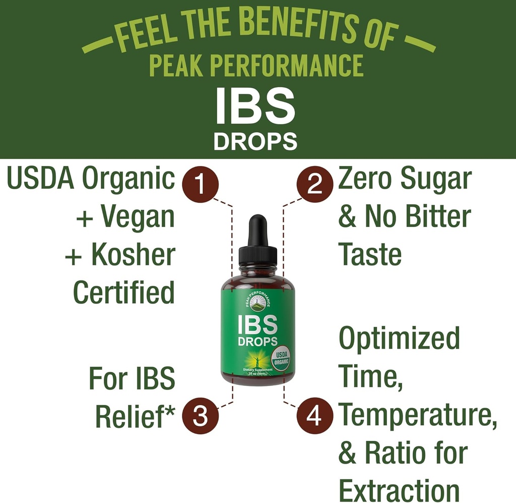 USDA Organic IBS Relief 5-in-1 Liquid Drops. for Ingestion, Bloating, Gas. Irritable Bowel Supplement with 5 Organic Ingredients. Peppermint Oil, Fennel Seed, Chamomile Flower, Rosemary, Holy Basil 3