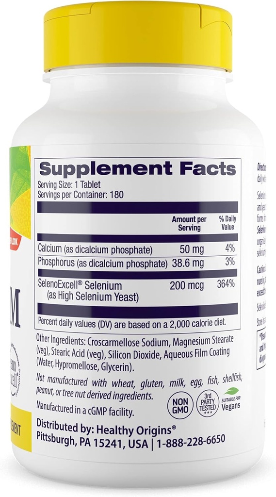 Healthy Origins Selenium 200 mcg (Seleno Excell, Fermented, Non-GMO, Gluten Free, Bladder Support, Immune Function, Cellular Support), 180 Tablets 4