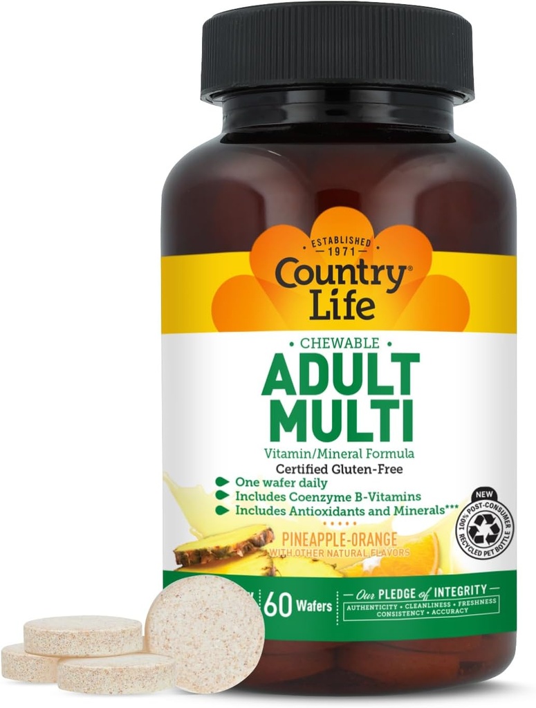 Country Life Adult Chewable Multivitamin with Coenzyme B-Vitamins, Antioxidants, Minerals, Pineapple-Orange Flavor - Supports Energy Metabolism and Immune Health, Gluten Free - 60 Wafers 2