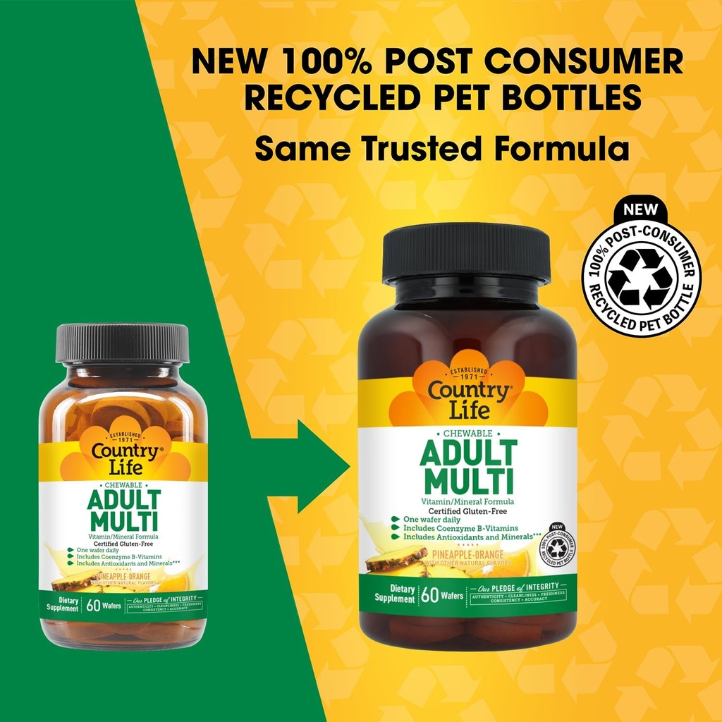 Country Life Adult Chewable Multivitamin with Coenzyme B-Vitamins, Antioxidants, Minerals, Pineapple-Orange Flavor - Supports Energy Metabolism and Immune Health, Gluten Free - 60 Wafers 4