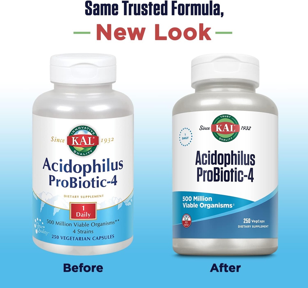KAL Acidophilus ProBiotic-4, 500 Million CFUs, Four Probiotic Strains, Probiotics for Women and Men, Freeze Dried, L. acidophilus, L. bulgaricus, S. thermophilus, B. bifidum, 250 Servings, 250 VegCaps 3