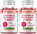 Vitamatic Chromium Picolinate 1000 mcg - 90 Gummies - High Potency Chromium - Raspberry Flavor (Total 180 Gummies) 2 Packs 2