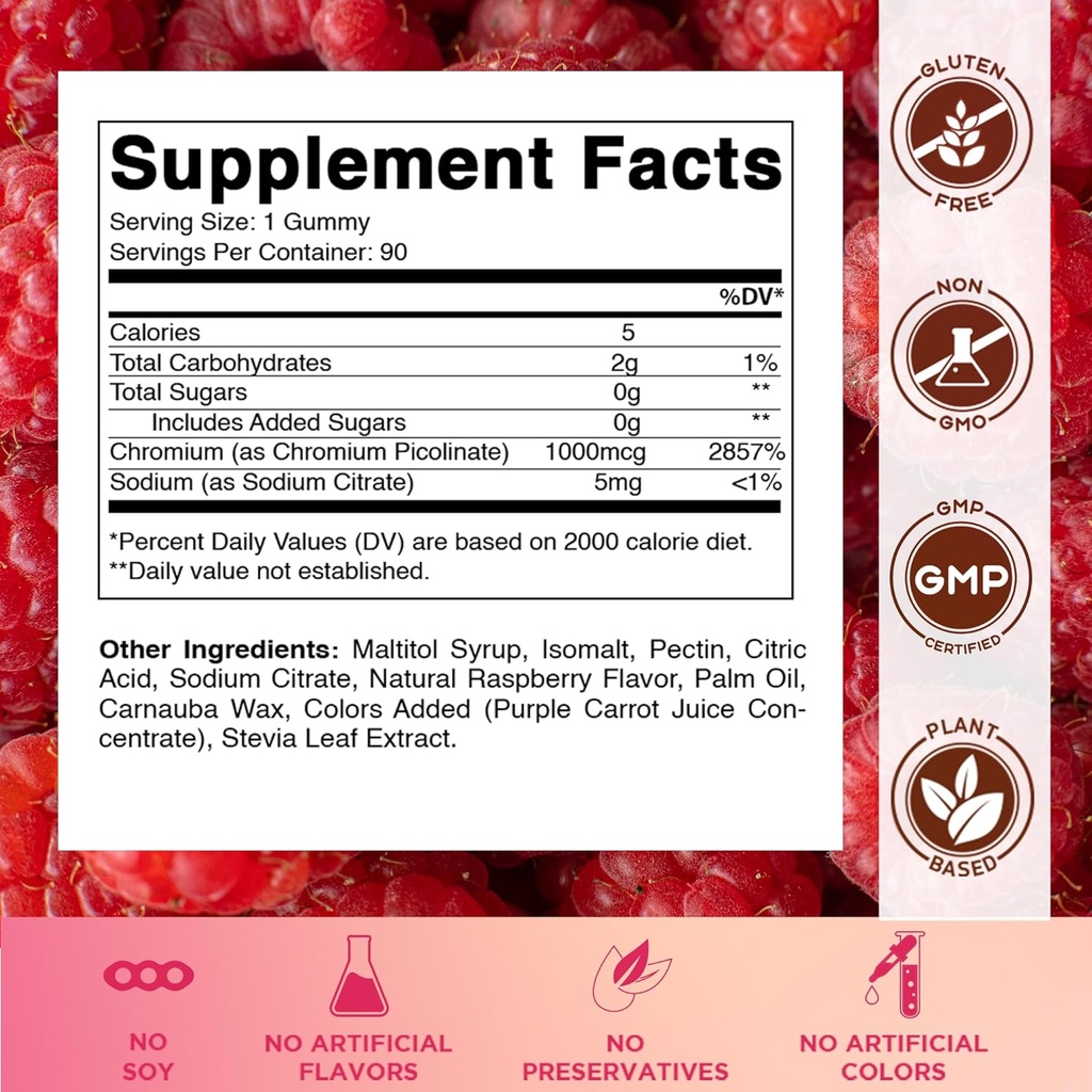 Vitamatic Chromium Picolinate 1000 mcg - 90 Gummies - High Potency Chromium - Raspberry Flavor (Total 180 Gummies) 2 Packs 3