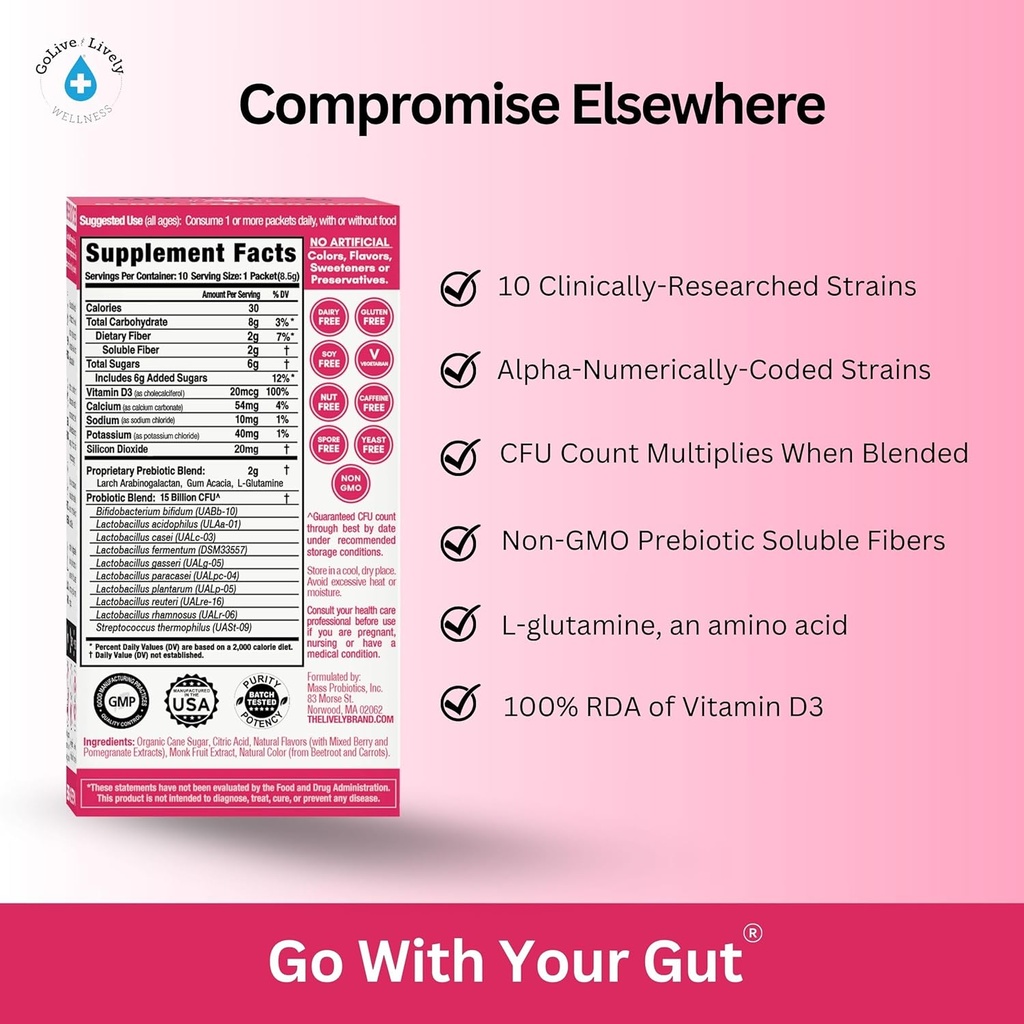 GoLive Prebiotic and Probiotic for Women, Men, Kids. Berry Pomegranate Synbiotic Powder w/ L-Glutamine, Vitamin D3, Electrolytes. For Gut Health, Digestion, Metabolism, Immunity 15-50B CFUs. 5