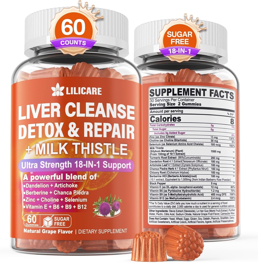 1Pack Milk Thistle Liver Detox Gummies, 18-in-1 Liver Cleanse Detox & Repair Supplement with Berberine, Chicory Root, Turmeric, Artichoke, Dandelion Root, Chanca Piedra, Vitamins B6 B12 - Sugar Free 2