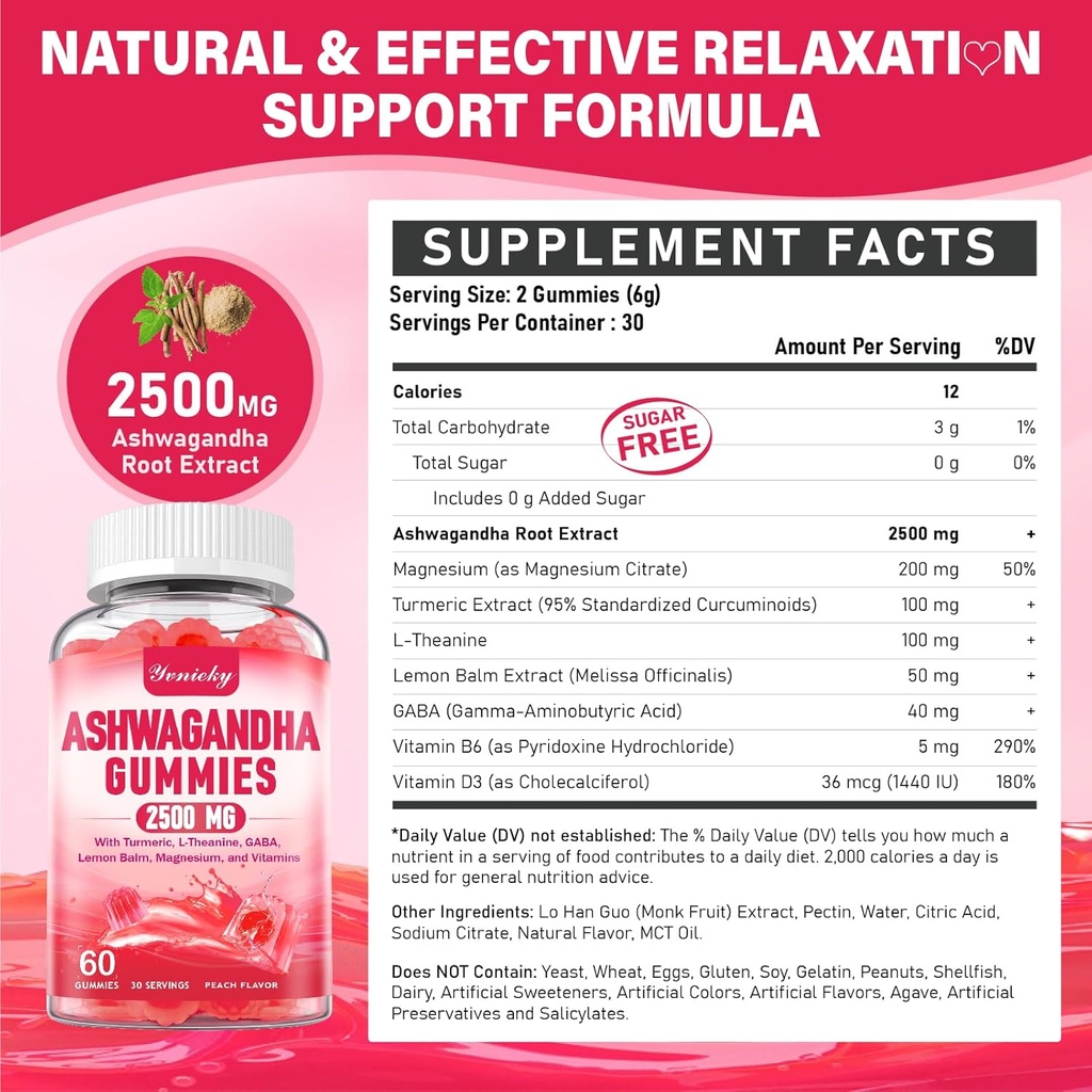 Ashwagandha Gummies 2500mg for Women & Men: Ashwagandha Supplement Gummy Extra Strength with Turmeric, Vitamin D3, L-Theanine, Magnesium - Filled Gummies, Strawberry Flavor, Vegan, Non-GMO 3