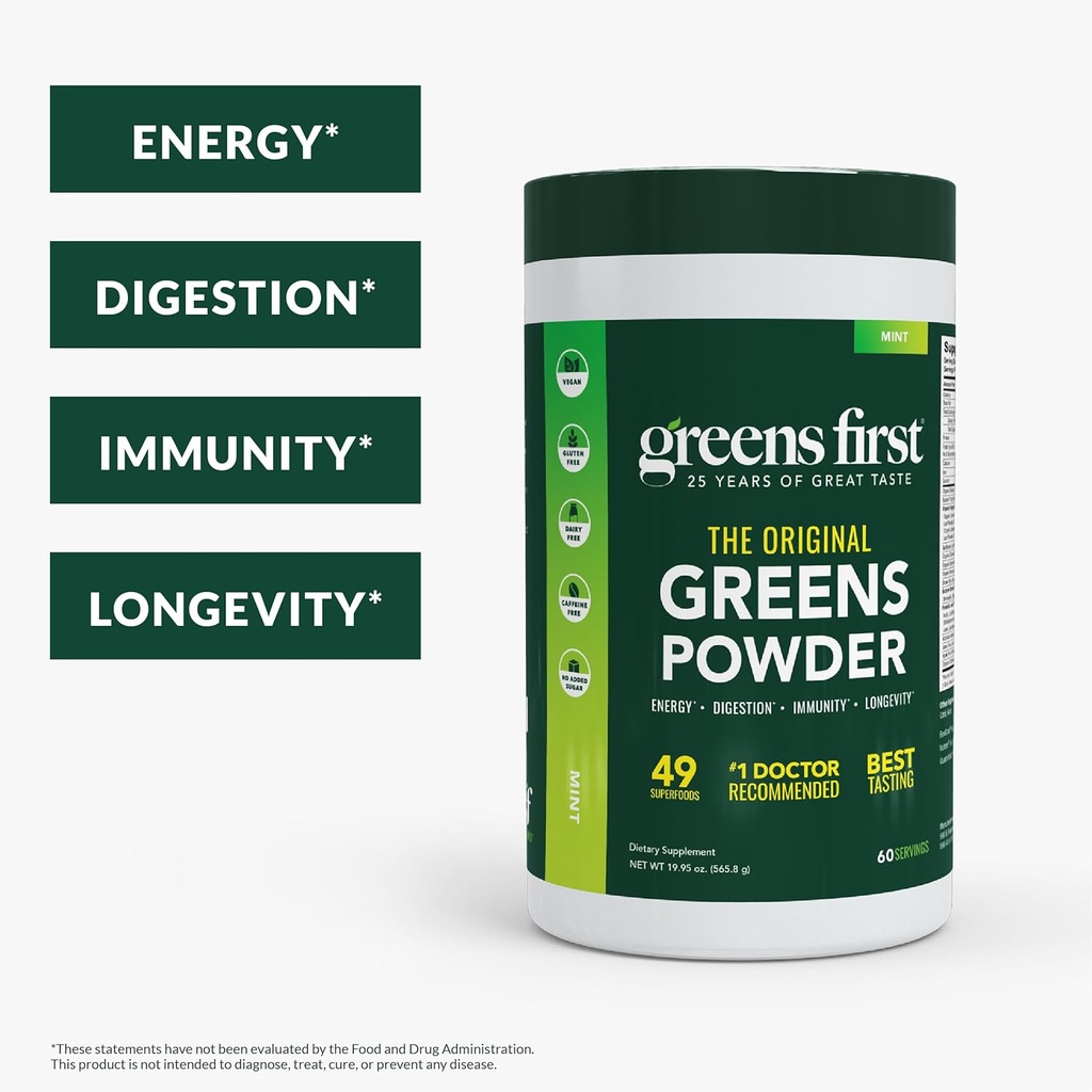 Greens First Original Greens Powder - 49 Superfoods - Organic Fruits & Veggies - Prebiotics, Probiotics & Digestive Enzymes - Antioxidant Smoothie - Dairy Free, Vegan & Non-GMO (Mint, 60 Servings) 3