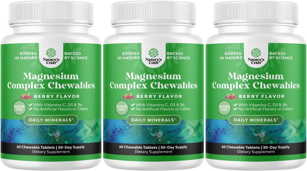 Sugar Free Magnesium Glycinate Chewable - Chewable Magnesium for Adults & Kids with Glycinate Taurate & Citrate Complex Plus Vitamins D3 B6 & C - Vegetarian Non-GMO & No Artificial Flavors (90 Day) 2