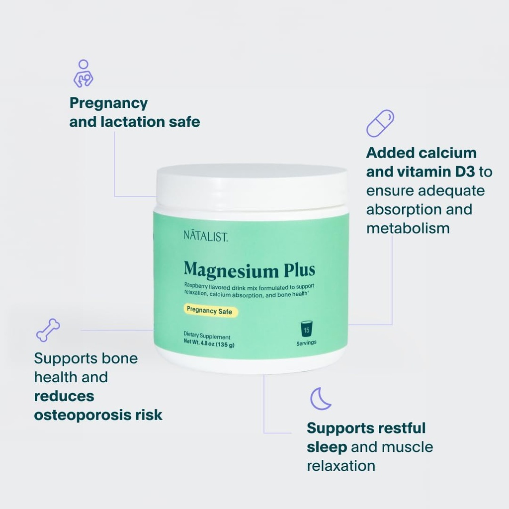 NATALIST Magnesium Plus 300 mg Drink Mix with Calcium & Vitamin D3 - Complete Whole Body Replenish & Relax Supplements for Women - Vegetarian, Gluten-Free Raspberry Flavor Powder - 15 Servings 4
