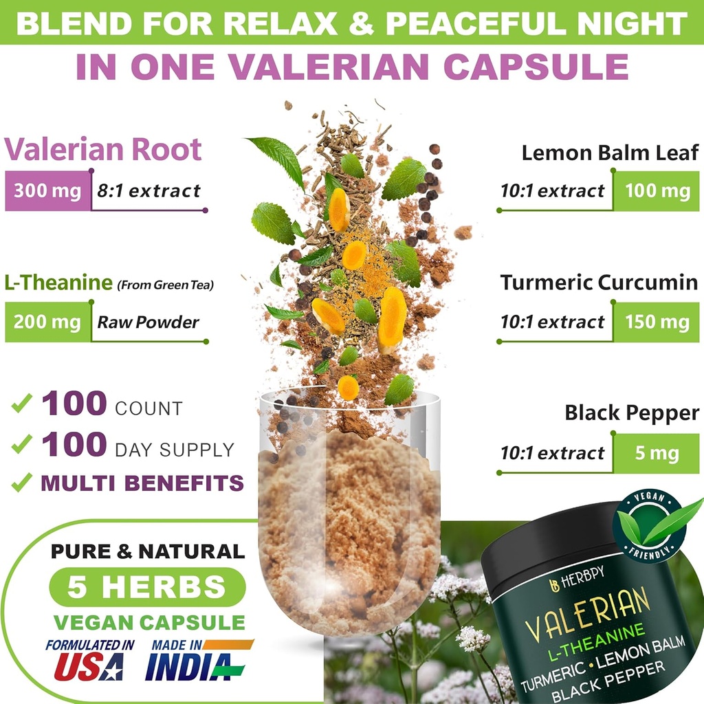 5in1 Valerian Root Capsules Plus L-Theanine, Lemon Balm, Turmeric and Black Pepper for Relaxation, Restful Night, Digestion & Immune Support - 100 Count 3