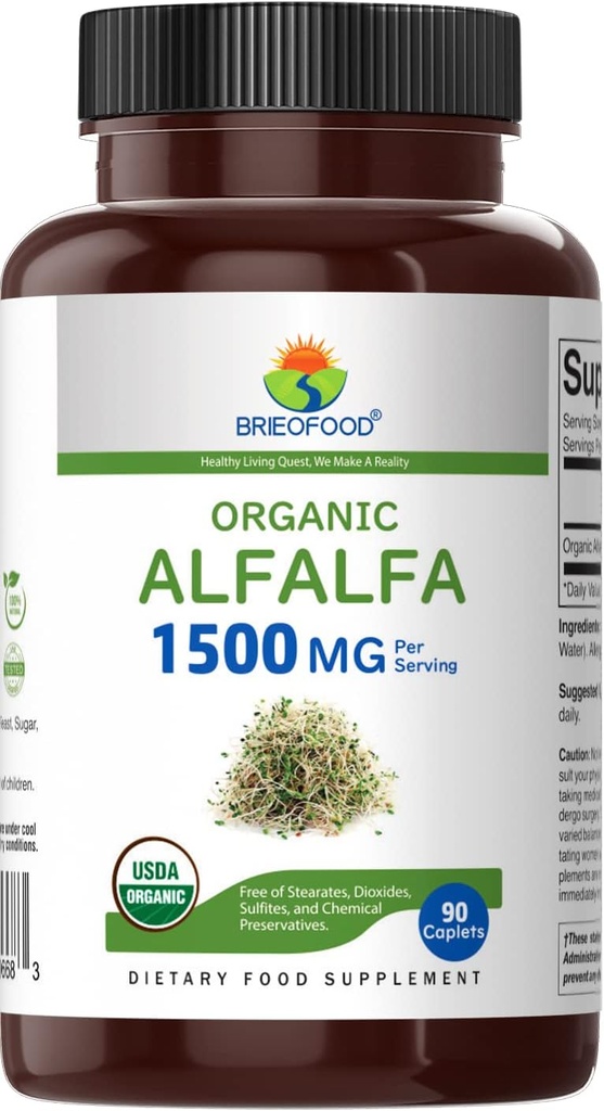 Brieofood Organic Alfalfa 1500mg, 45 Servings, Vegetarian, Gluten Free, 90 Vegetarian Tablets 3