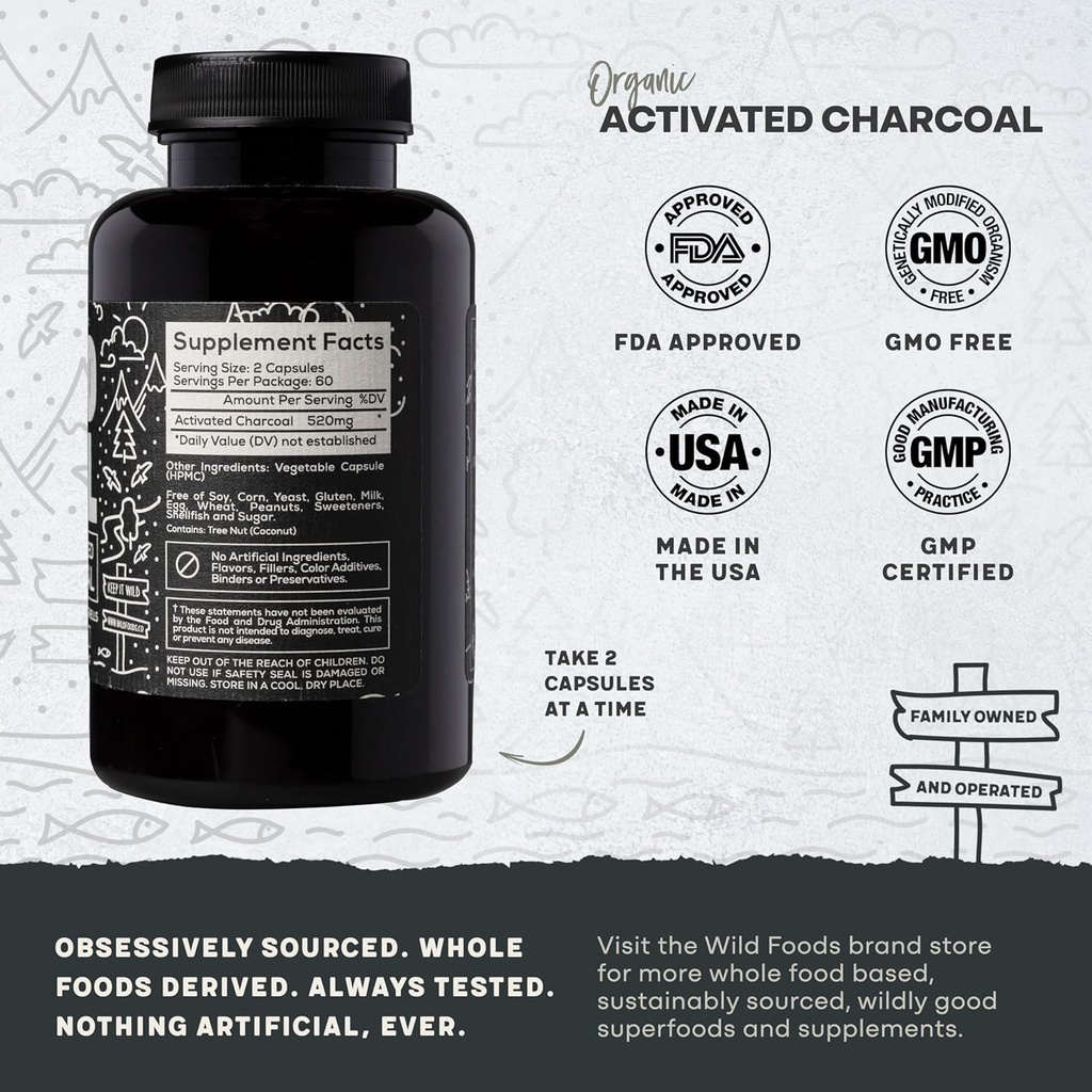 Wild Foods Activated Charcoal Capsules | 100% Organic Coconut Shells Active Tablets for Bloating Relief | Lab Tested & Non-GMO Detox Pills | USA (Two Bottles - 120 Capsules) 4