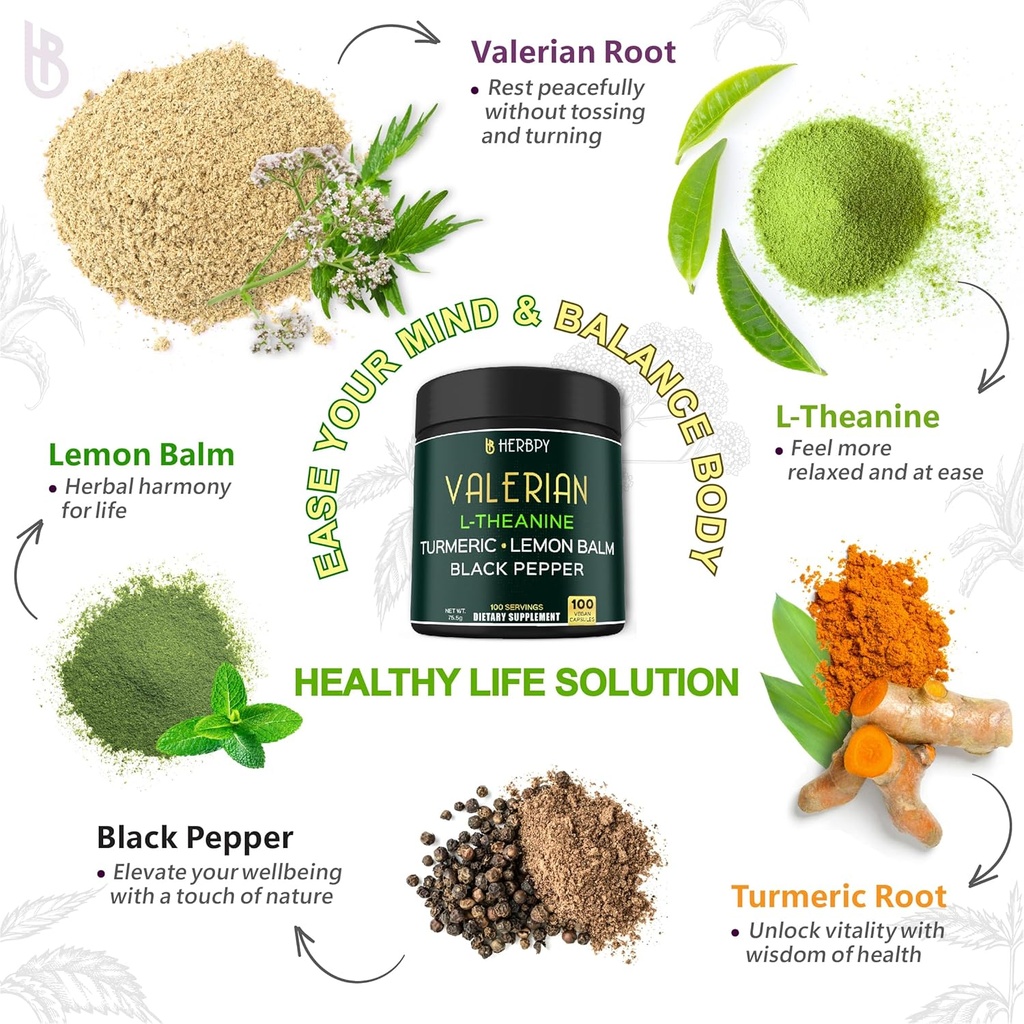 5in1 Valerian Root Capsules Plus L-Theanine, Lemon Balm, Turmeric and Black Pepper for Relaxation, Restful Night, Digestion & Immune Support - 100 Count 5