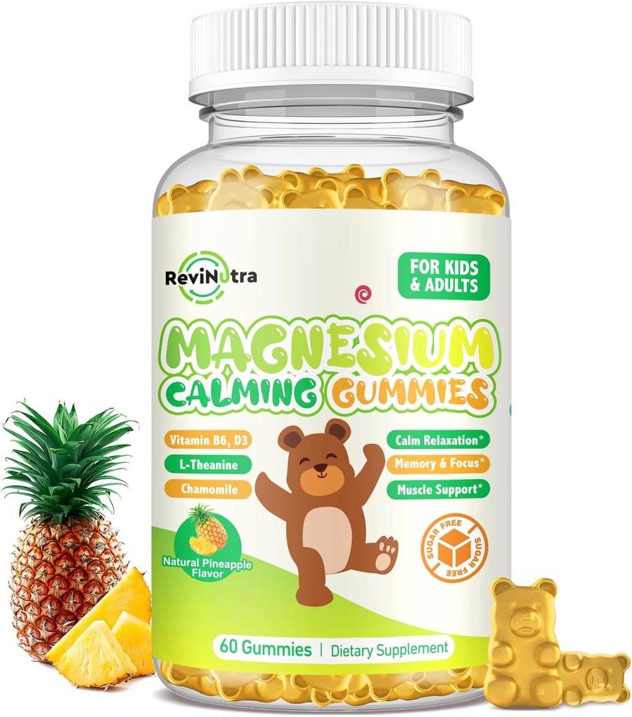 Magnesium Gummies for Kids - Magnesium Glycinate Gummies Supplement with L-Theanine, Vitamin B6, D3 for Adults & Kids, Calm Magnesium for Sleep, Relaxation, Brain, Bones,Sugar Free Pineapple 60ct 2